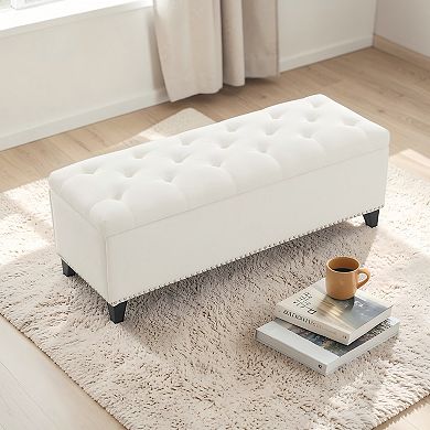 Heybly 47.5" Storage Ottoman Bench with Safety Hinge, Button Tufted Linen Upholstered