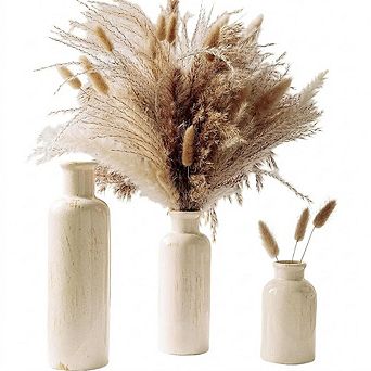 Ceramic Vase Set of 3 with Dried Pampas Grass, Neutral Boho Decor