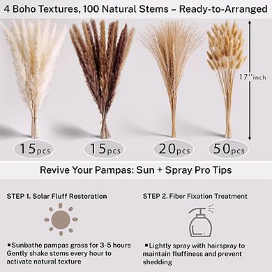 Ceramic Vase Set of 3 with Dried Pampas Grass, Neutral Boho Decor