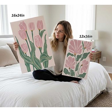 Pink Tulips Canvas Wall Art, Boho Botanical Floral Prints, Modern Decor