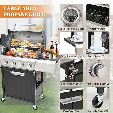 4 Burner Propane BBQ Grill with Side Burner, 51000 BTU Outdoor Gas Grill with Extra Workspace