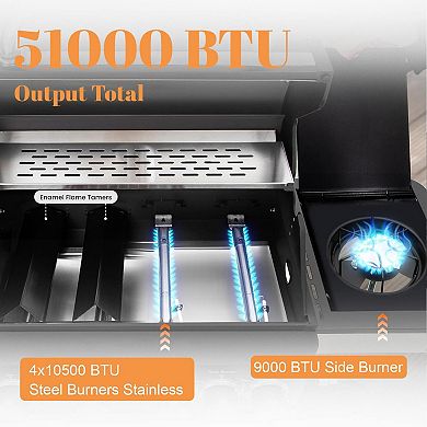 4 Burner Propane BBQ Grill with Side Burner, 51000 BTU Outdoor Gas Grill with Extra Workspace