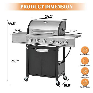 4 Burner Propane BBQ Grill with Side Burner, 51000 BTU Outdoor Gas Grill with Extra Workspace