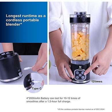Cordless Portable Personal Blender, 25oz, USB-C Rechargeable, 4-Program Smoothie & Ice Crusher