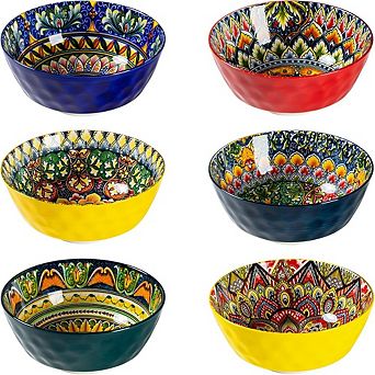 Ceramic Soup & Cereal Bowls Set, 25oz, 6-Pack, Bohemian Style, Microwave & Dishwasher Safe