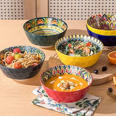 Ceramic Soup & Cereal Bowls Set, 25oz, 6-Pack, Bohemian Style, Microwave & Dishwasher Safe