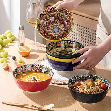 Ceramic Soup & Cereal Bowls Set, 25oz, 6-Pack, Bohemian Style, Microwave & Dishwasher Safe