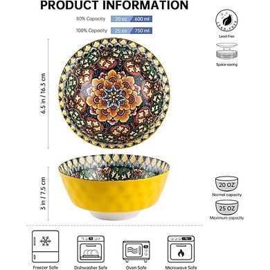 Ceramic Soup & Cereal Bowls Set, 25oz, 6-Pack, Bohemian Style, Microwave & Dishwasher Safe