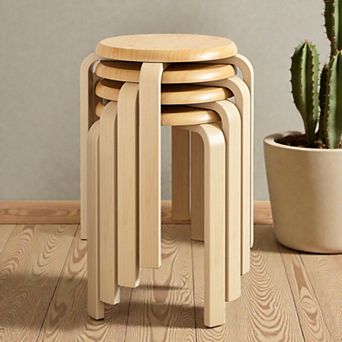 Lufeiya Set of 4 Stackable Round Bentwood Stool with Non Slip Foot Pads, Natural