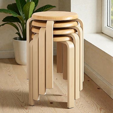 Lufeiya Set of 4 Stackable Round Bentwood Stool with Non Slip Foot Pads, Natural