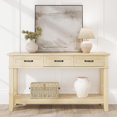 54" Entryway Console Table with 3 Drawers, 2 Tier Wooden Narrow Sofa Table Behind Couch