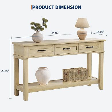 54" Entryway Console Table with 3 Drawers, 2 Tier Wooden Narrow Sofa Table Behind Couch