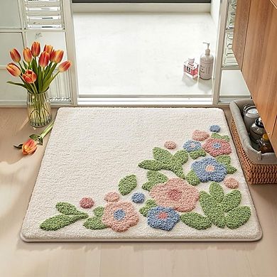Floral Bath Mat Soft Absorbent Non-Slip Quick Dry Washable Rug