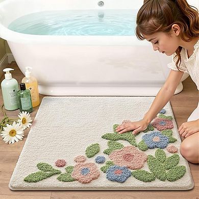 Floral Bath Mat Soft Absorbent Non-Slip Quick Dry Washable Rug