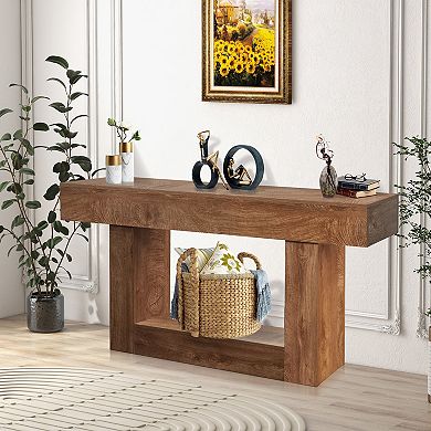 63 Inch Wood Narrow Entryway Table, 2 Tier Farmhouse Console Table Behind Couch with Storage