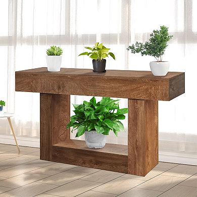 63 Inch Wood Narrow Entryway Table, 2 Tier Farmhouse Console Table Behind Couch with Storage