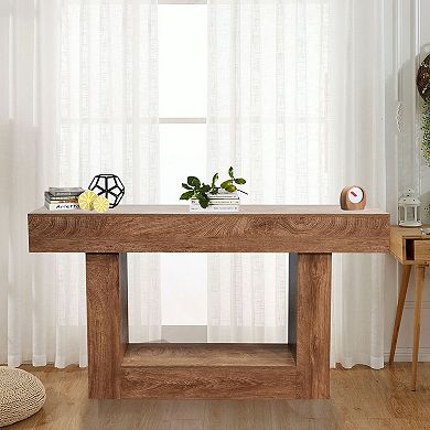 63 Inch Wood Narrow Entryway Table, 2 Tier Farmhouse Console Table Behind Couch with Storage