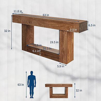 63 Inch Wood Narrow Entryway Table, 2 Tier Farmhouse Console Table Behind Couch with Storage