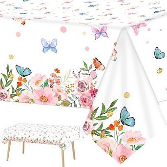 3-Pack Butterfly Tablecloths, Disposable Plastic Floral Party Covers