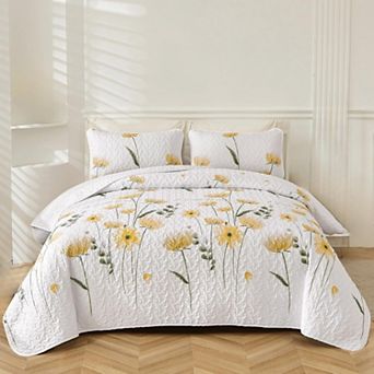 Quilt Set Queen Cute Floral Bedspread Coverlet Flower Quilts Microfiber Lightweight Summer Bedding