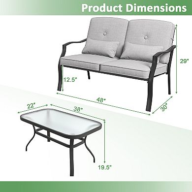 Outdoor Loveseat Chair Set with Tempered Glass Coffee Table