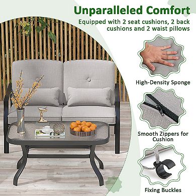 Outdoor Loveseat Chair Set with Tempered Glass Coffee Table
