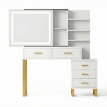 ANIXOL Vanity Desk with Lighted Mirror, Charging Station, 5 Drawers & Stool