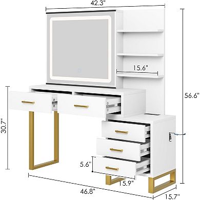 ANIXOL Vanity Desk with Lighted Mirror, Charging Station, 5 Drawers & Stool