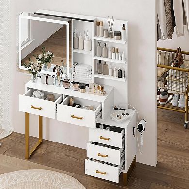 ANIXOL Vanity Desk with Lighted Mirror, Charging Station, 5 Drawers & Stool