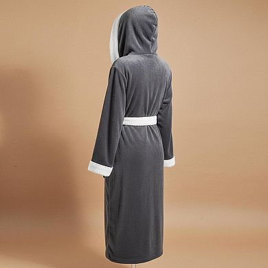 Women Hooded Plush Flannel Robe Color Block Warm Cozy with Pockets