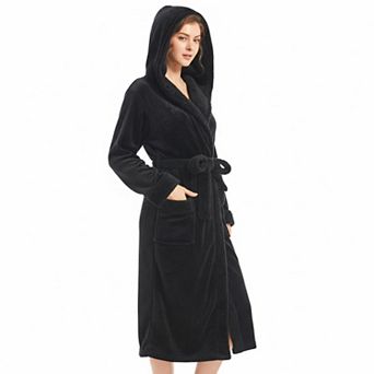 Women Hooded Plush Flannel Robe Color Block Warm Cozy with Pockets