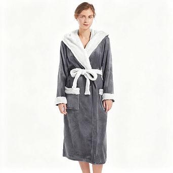 Women Hooded Plush Flannel Robe Color Block Warm Cozy with Pockets