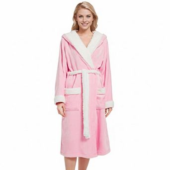 Women Hooded Plush Flannel Robe Color Block Warm Cozy with Pockets