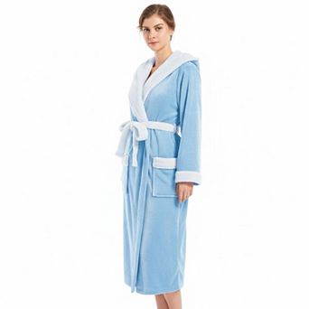 Women Hooded Plush Flannel Robe Color Block Warm Cozy with Pockets