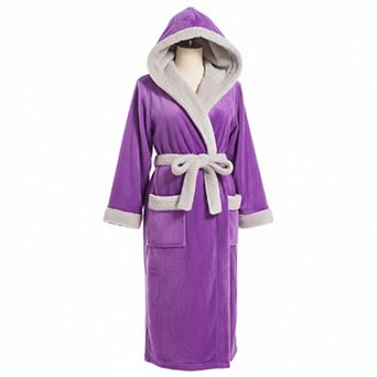 Women Hooded Plush Flannel Robe Color Block Warm Cozy with Pockets