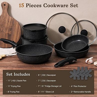 Nonstick Cookware Set 15-Pc, Detachable Handles, Oven & Induction Safe