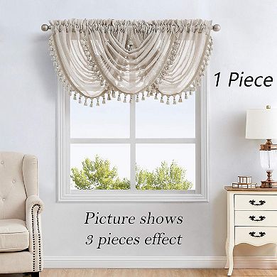 Linen waterfall curtains semi-transparent 56"x38" earthy embroidery tassel rod curtains