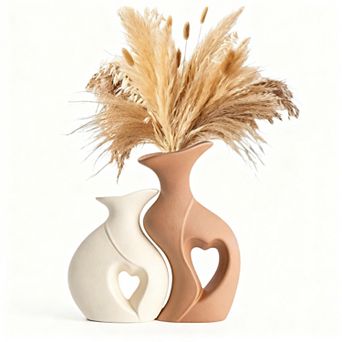 Ceramic Heart Vases Set 2 Modern Boho Hollow Decor