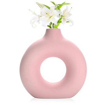 Pink Donut Vase Ceramic Circle Hollow Modern Minimalist Home Decor 7.5"