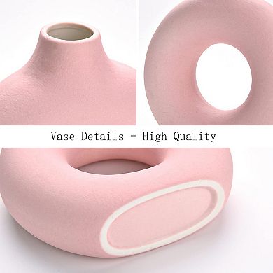 Pink Donut Vase Ceramic Circle Hollow Modern Minimalist Home Decor 7.5"