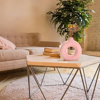 Pink Donut Vase Ceramic Circle Hollow Modern Minimalist Home Decor 7.5"
