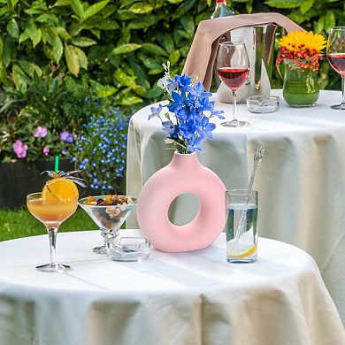 Pink Donut Vase Ceramic Circle Hollow Modern Minimalist Home Decor 7.5"