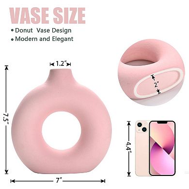 Pink Donut Vase Ceramic Circle Hollow Modern Minimalist Home Decor 7.5"