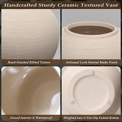 12 Inch Tall Ceramic Vase Cream Textured Farmhouse Home Decor