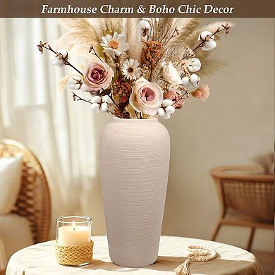 12 Inch Tall Ceramic Vase Cream Textured Farmhouse Home Decor