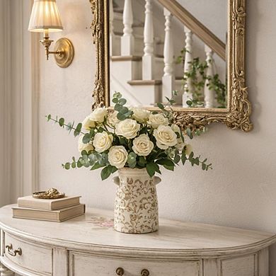 Ceramic rustic style double-handled vase, 7.6 inches, ice crack vintage farmhouse flowers
