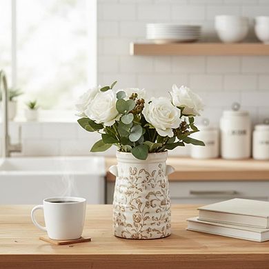 Ceramic rustic style double-handled vase, 7.6 inches, ice crack vintage farmhouse flowers
