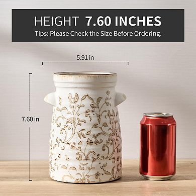 Ceramic rustic style double-handled vase, 7.6 inches, ice crack vintage farmhouse flowers