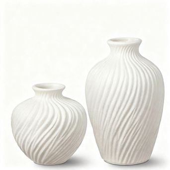 White Ceramic Vase Set 2 Modern Rustic Textured Spiral Stripe 8.65" & 5.5" Round Home Decor