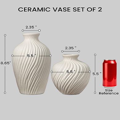 White Ceramic Vase Set 2 Modern Rustic Textured Spiral Stripe 8.65" & 5.5" Round Home Decor
